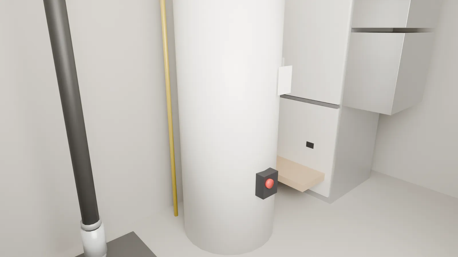 A tank water heater with its vent pipe in a basement utility room