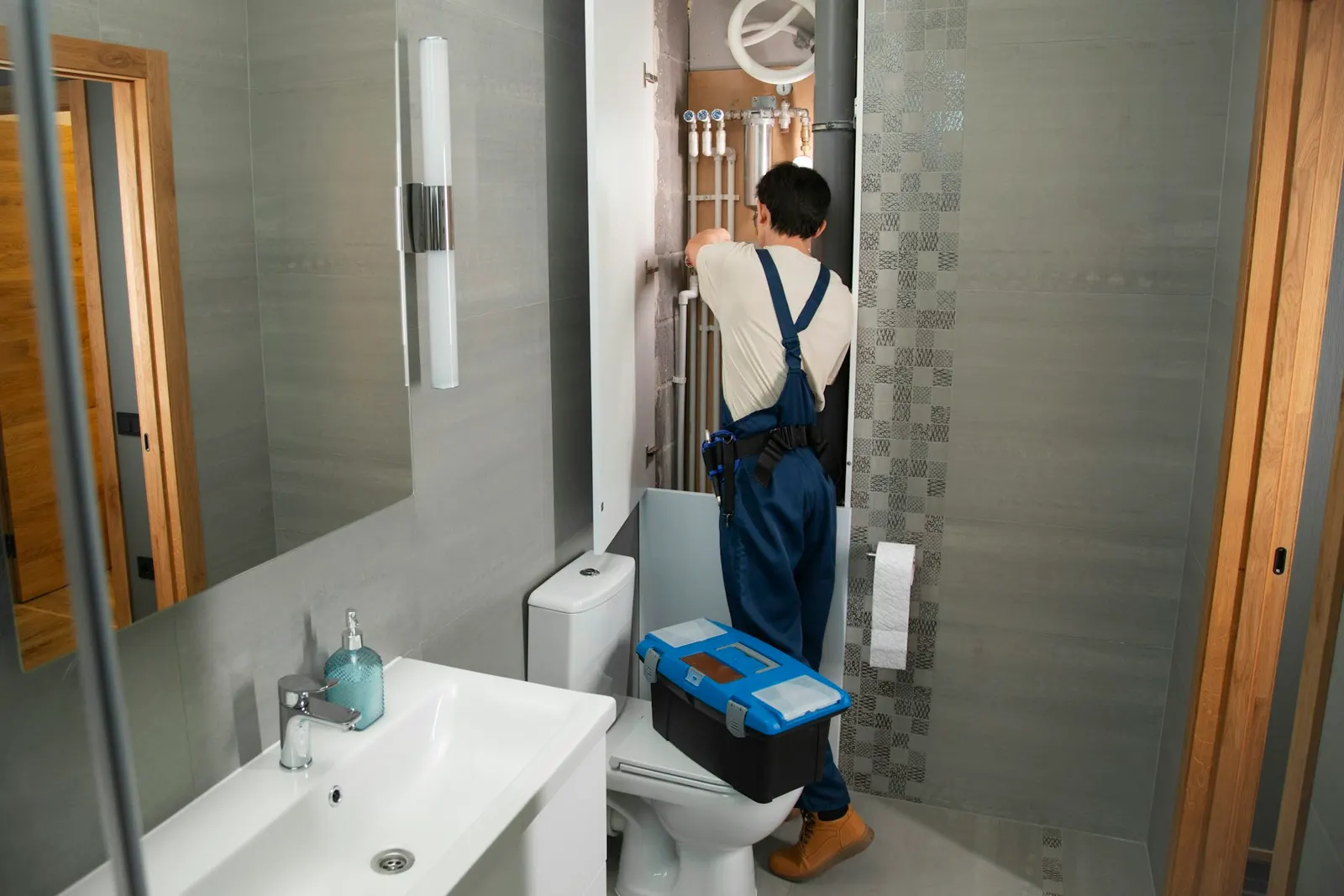 A plumber working in a bathroom